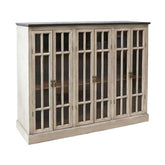 Vintage stílusú, fenyőfából készült, 123 cm hosszú, osztott üvegű, 6 ajtós antikolt vitrines tálaló