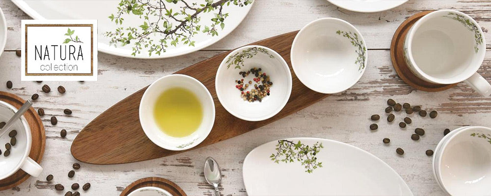 Natura porcelán étkészlet borítóképe akácfaleveles porcelán tányérokkal 