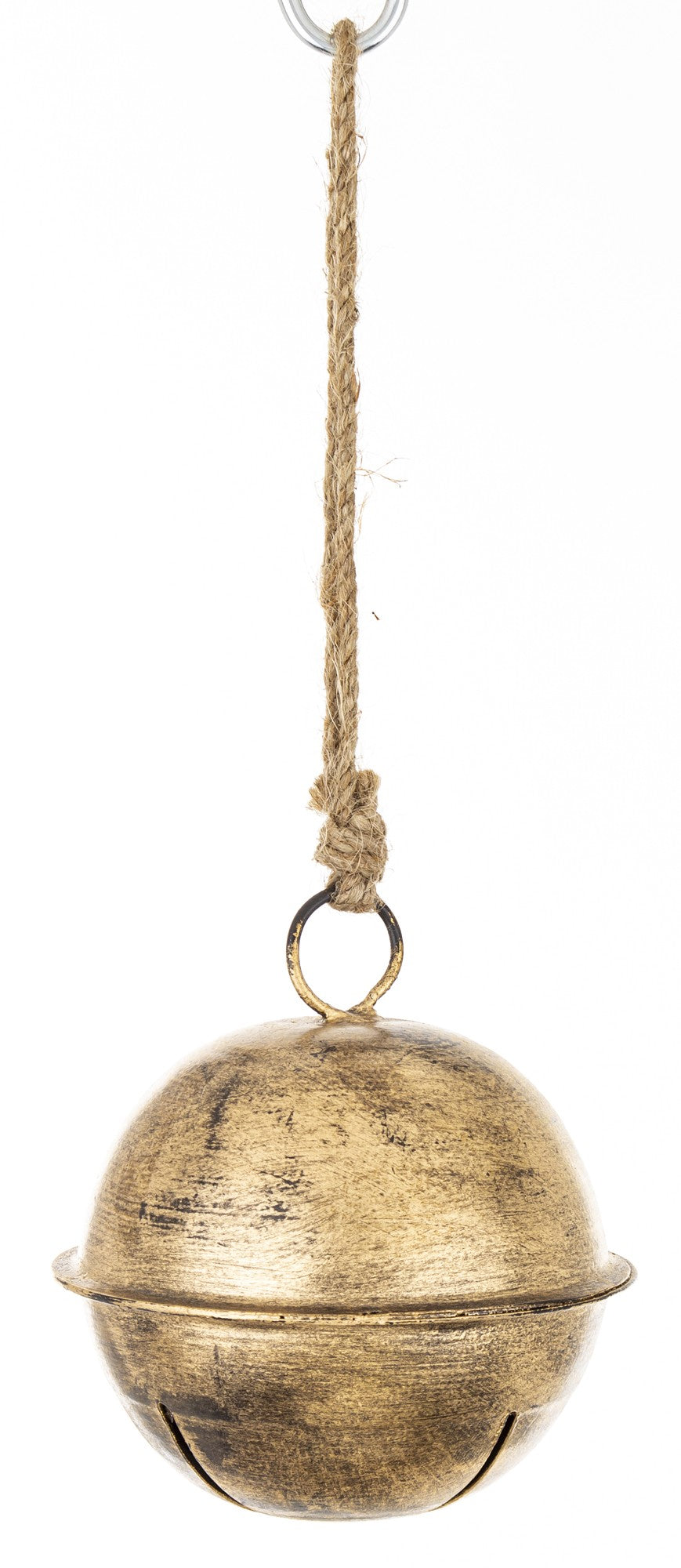 10 cm-es aranyhatású karácsonyi fémcsengő – hosszú jutazsinór akasztóval.