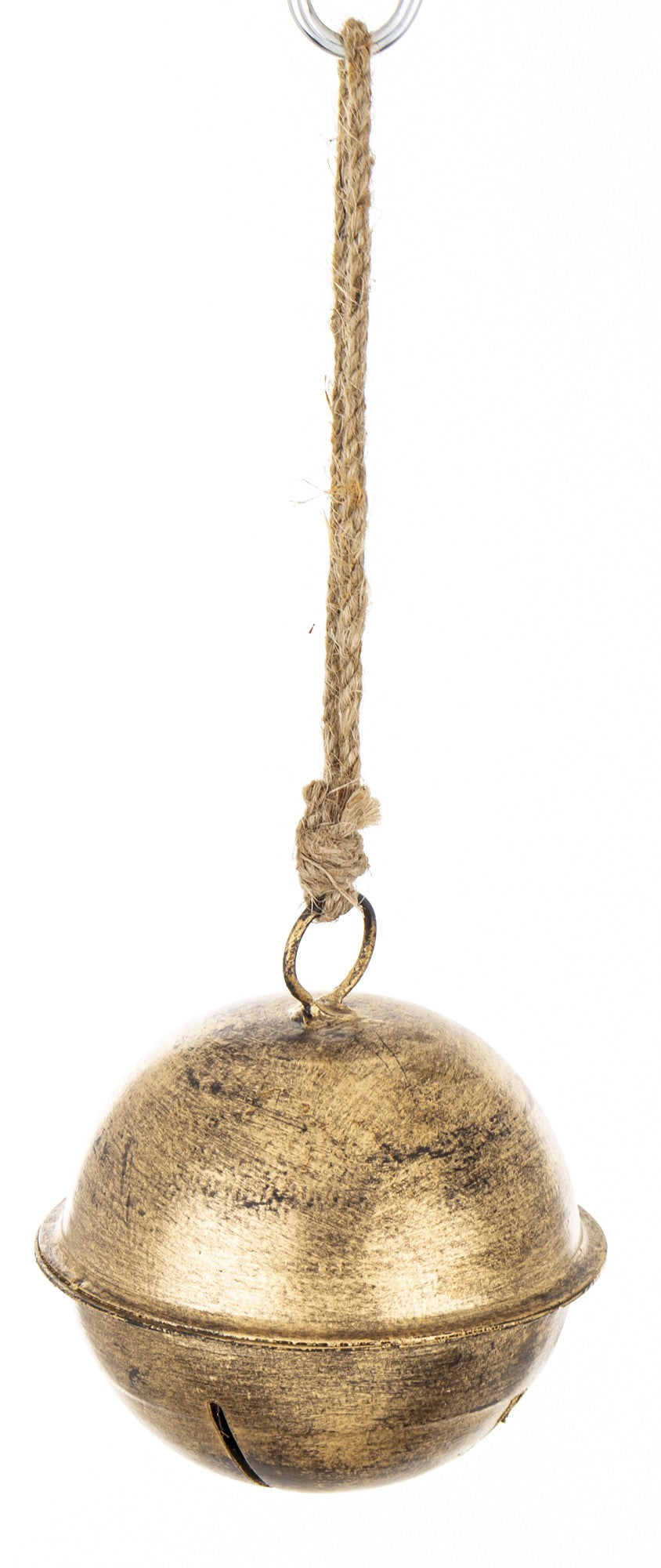 Kisméretű fém karácsonyi csengő jutazsinórral – oldalnézet.