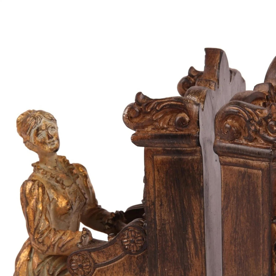 Pianínó formájú, faragott fa hatású, 2 darabos könyvtámasz szett korabeli hölggyel.