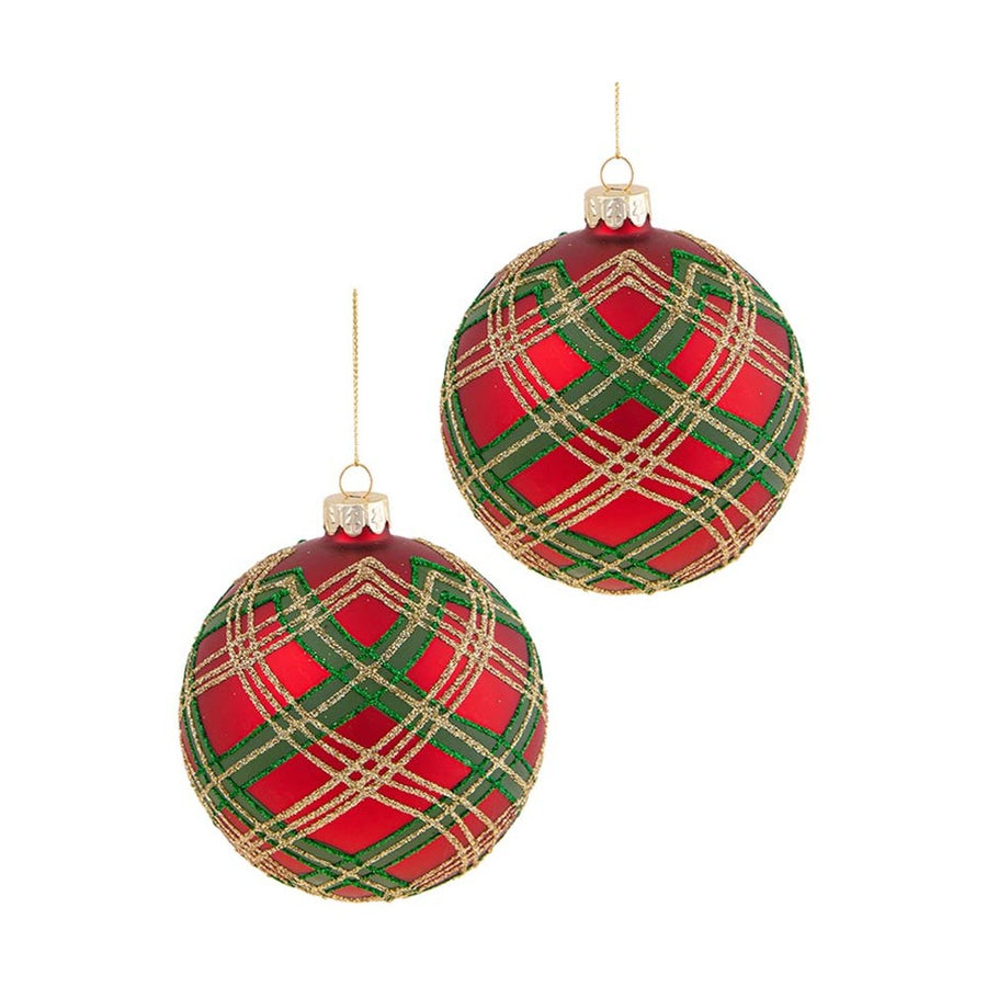 Skót kockás mintázatú, üveg karácsonyfadísz szett.