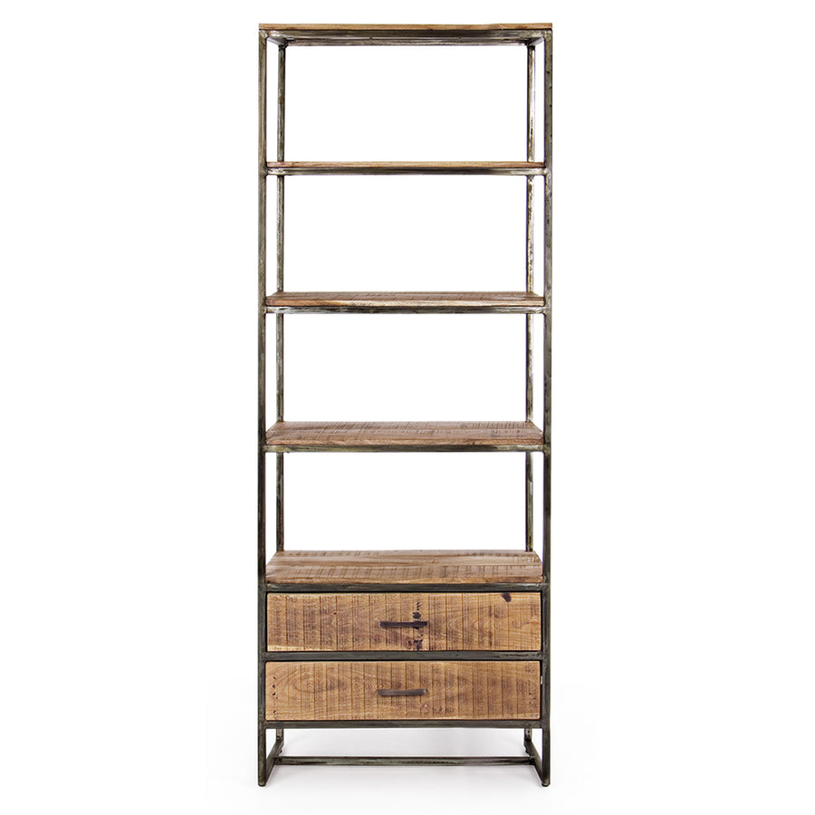 Akácfából és acélból készült könyvespolc, 2 fiókkal és 4 polccal.