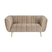 Pezsgőszínű bársonnyal kárpitozott, 2 személyes kanapé.