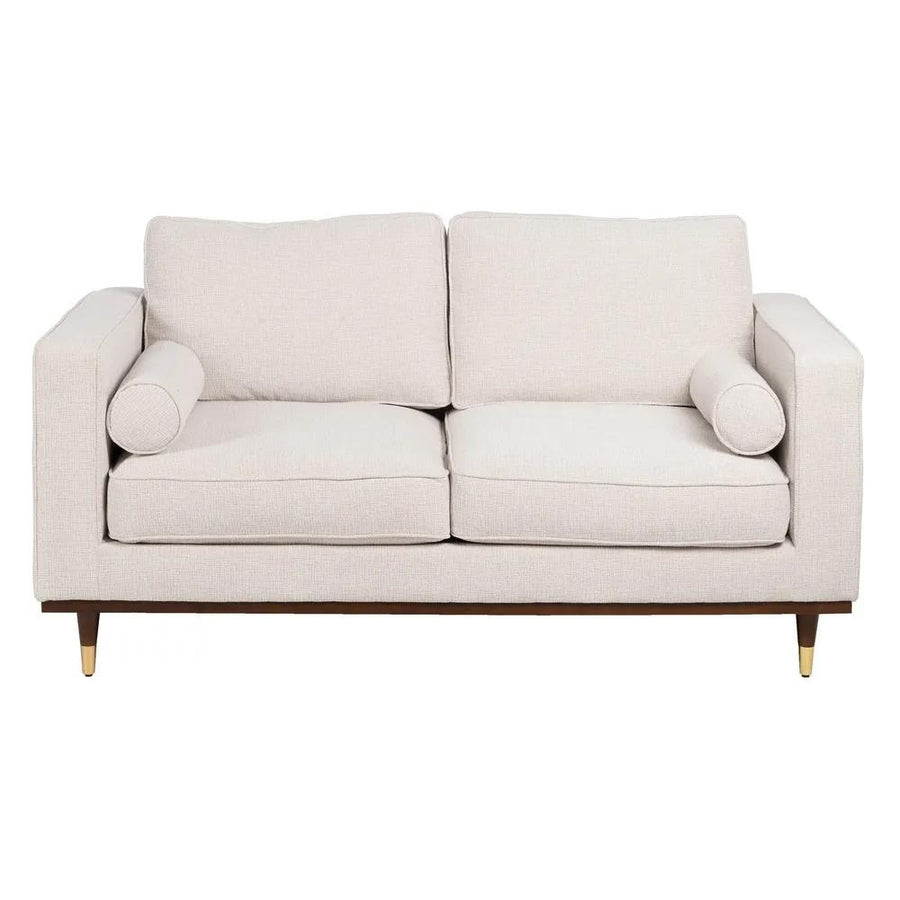 Bézs színű szövettel kárpitozott, 2 személyes kanapé.