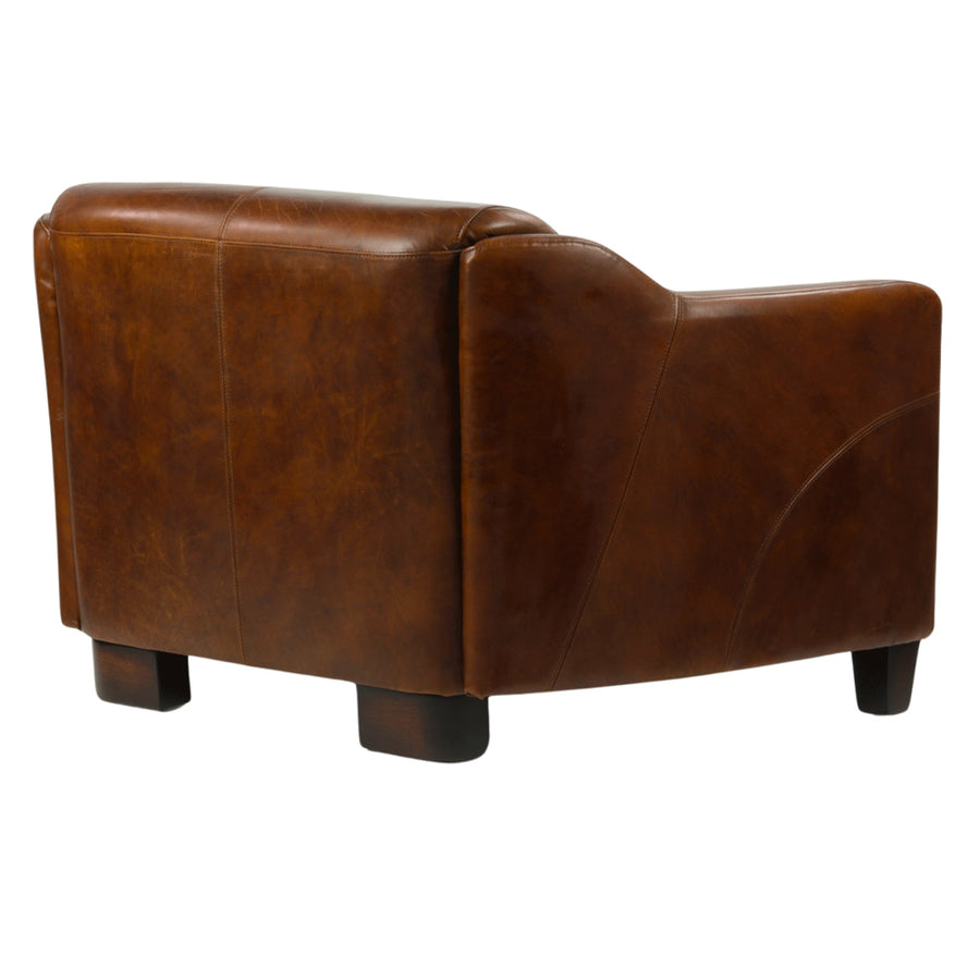 Gentleman Cigare vintage bőrkanapé hátsó és oldalsó nézetből, sötét fa lábakkal.