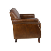 A bőrkanapé oldalsó nézete, ívelt karfával és vastag párnázattal, vintage stílusban.