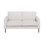 Fehér színű szövettel kárpitozott, 2 személyes kanapé.