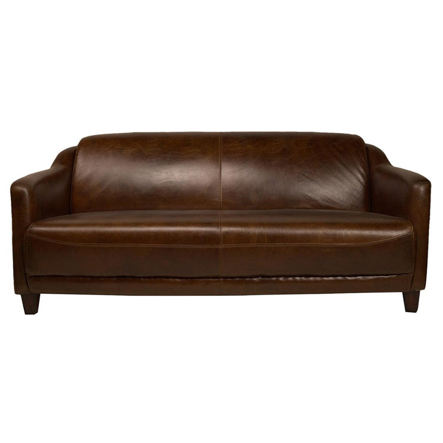 Elölnézetből fotózott Gentleman Cigare vintage bőrkanapé három személyre, dohánybarna színben