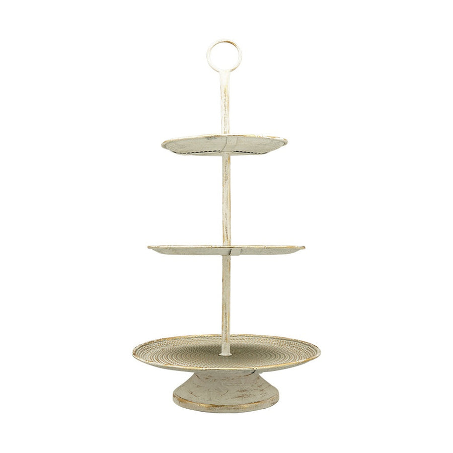 Antikolt felületű, aranyszínű, háromszintes fém kínáló állvány.