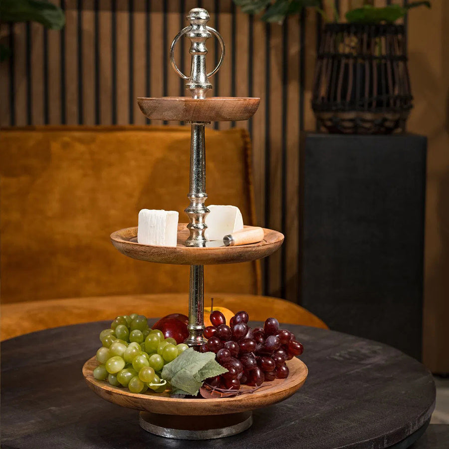 Mangófából és alumíniumból készült, 3 szintes kínálóállvány.