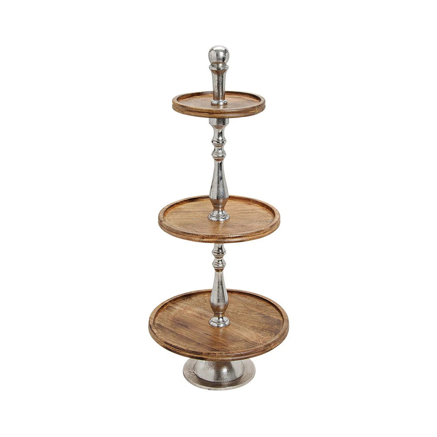 Mangófából és alumíniumból készült, 3 szintes kínálóállvány.