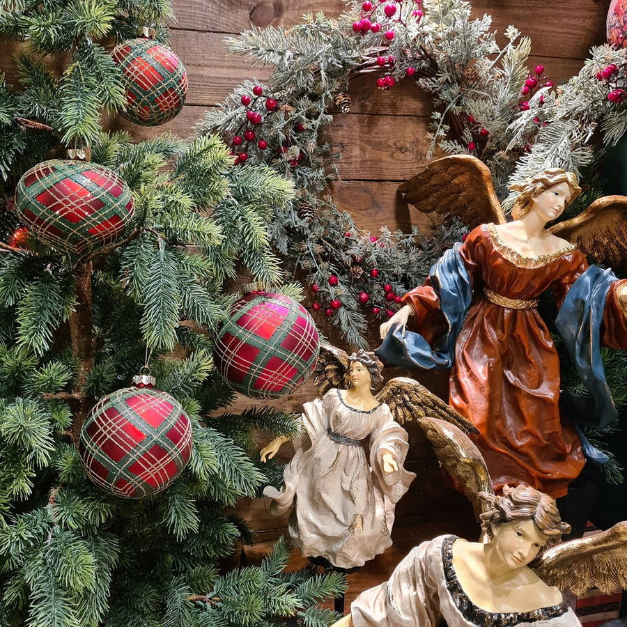 Skót kockás mintázatú, üveg karácsonyfadísz szett.