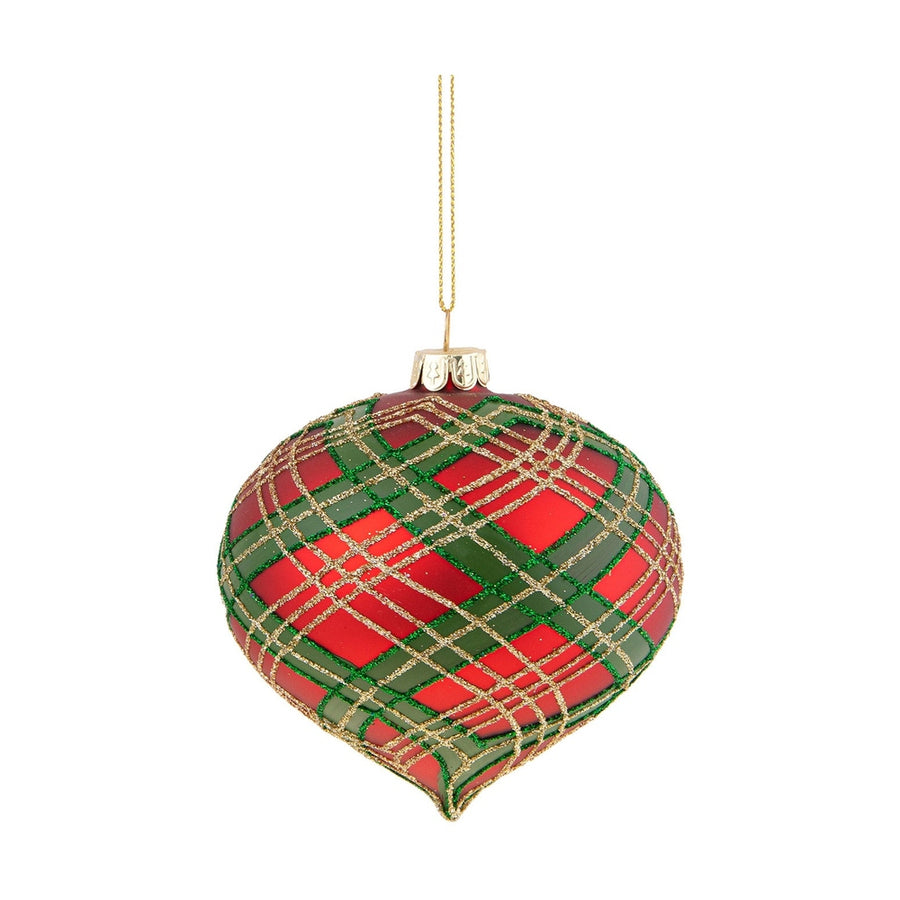 Skót kockás mintázatú, üveg karácsonyfadísz szett.