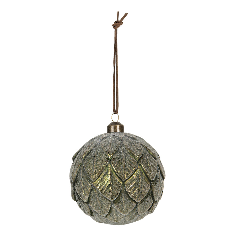 Tobozformájú, deres felületű, zöldarany színű üveg karácsonyfadísz szett.