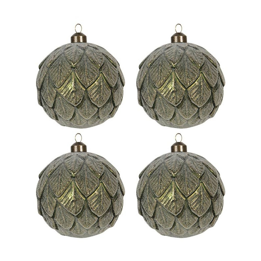 Tobozformájú, deres felületű, zöldarany színű üveg karácsonyfadísz szett.