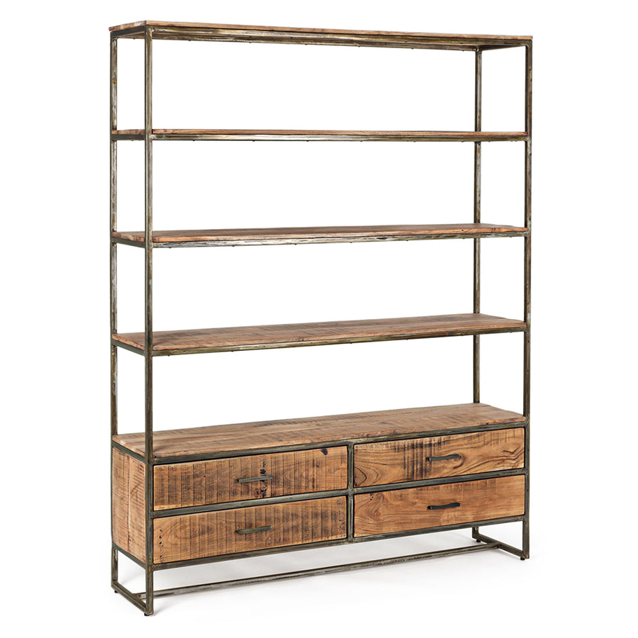 Akácfából és acélból készült könyvespolc, 4 fiókkal és 4 polccal.