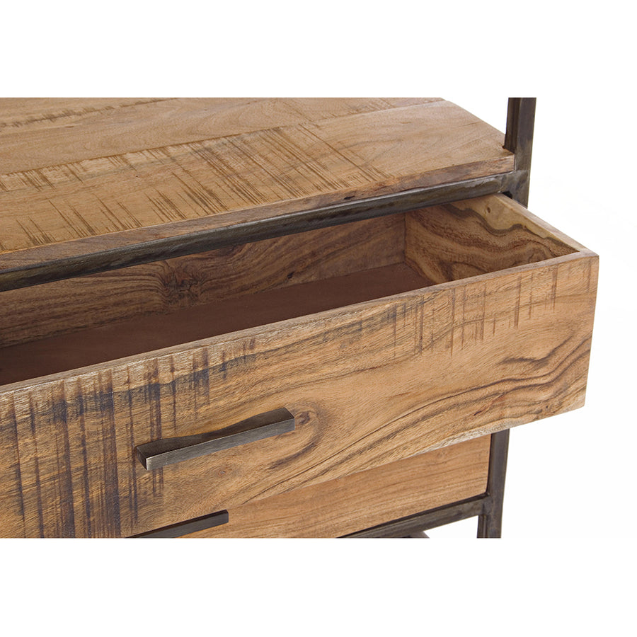 Akácfából és acélból készült könyvespolc, 4 fiókkal és 4 polccal.