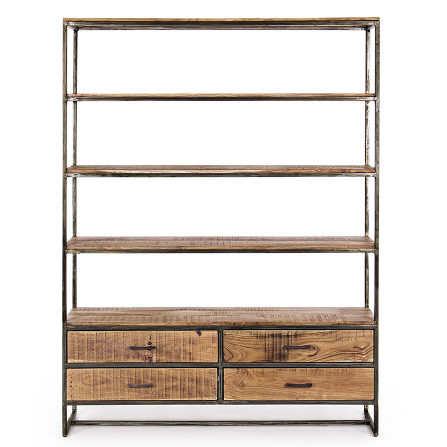 Akácfából és acélból készült könyvespolc, 4 fiókkal és 4 polccal.