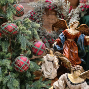 Skót kockás mintázatú, üveg karácsonyfadísz szett.