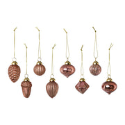 Antikolt pink színű, többféle formájú, 8 darabos karácsonyfadísz szett.