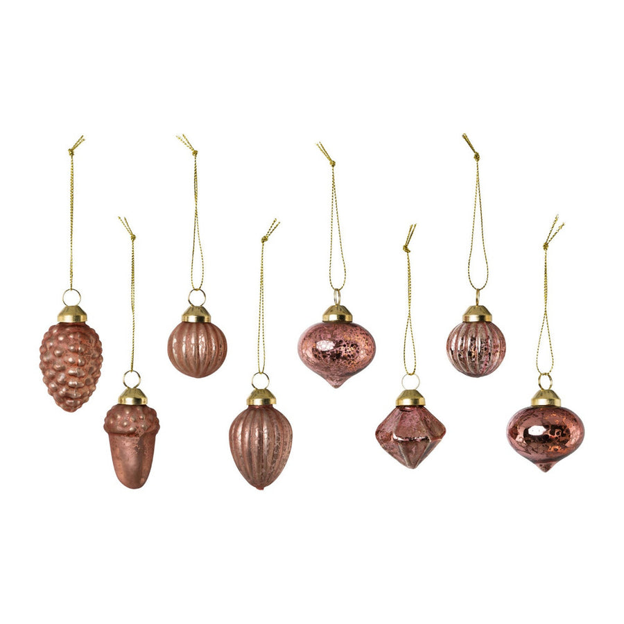 Antikolt pink színű, többféle formájú, 8 darabos karácsonyfadísz szett.