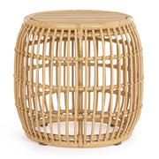 Mediterrán, natúr színű, bambuszhatású alumíniumból készült, kerti dohányzóasztal teakfa fedlappal