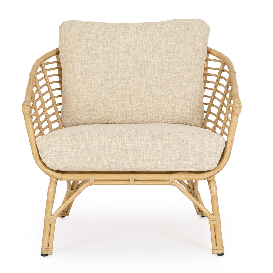 Mediterrán, natúr színű, bambuszhatású alumíniumból készült, kerti fotel olefin párnákkal