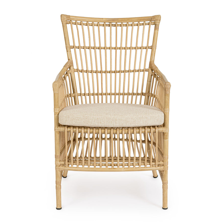 Mediterrán, natúr színű, bambuszhatású alumíniumból készült, kerti fotel olefin párnákkal