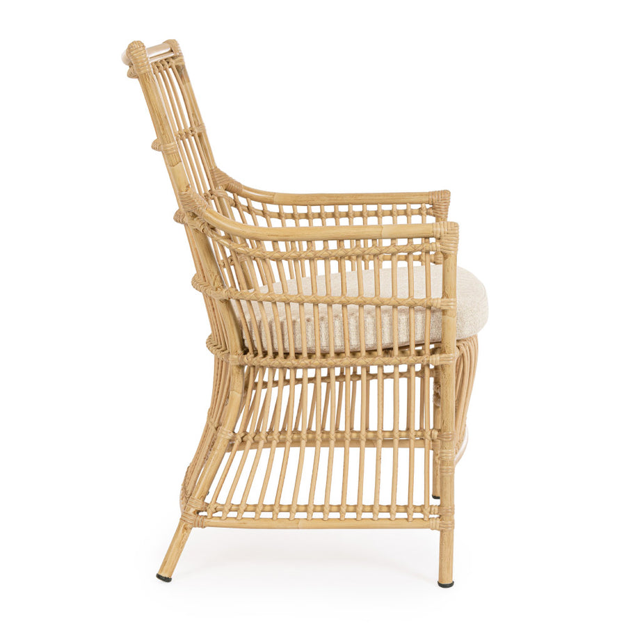 Mediterrán, natúr színű, bambuszhatású alumíniumból készült, kerti fotel olefin párnákkal