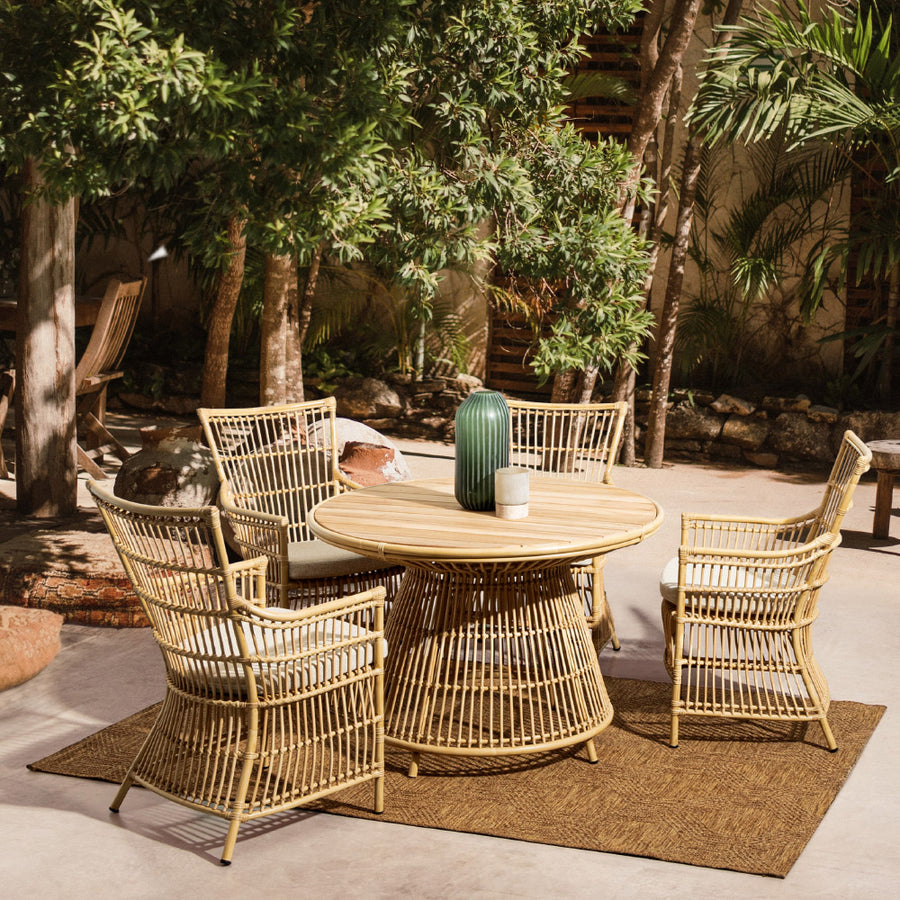 Mediterrán, natúr színű, bambuszhatású alumíniumból készült, kerti fotel olefin párnákkal