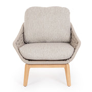 Kortárs stílusú, bézs színű, design kerti fotel natúr színű teakfa lábakkal