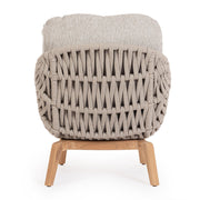 Kortárs stílusú, bézs színű, design kerti fotel natúr színű teakfa lábakkal