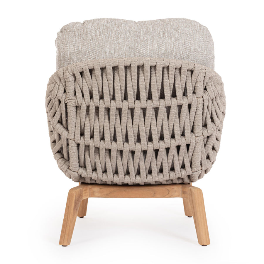 Kortárs stílusú, bézs színű, design kerti fotel natúr színű teakfa lábakkal