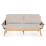 Kétszemélyes, bézs színű, design kerti kanapé natúr színű teakfa lábakkal