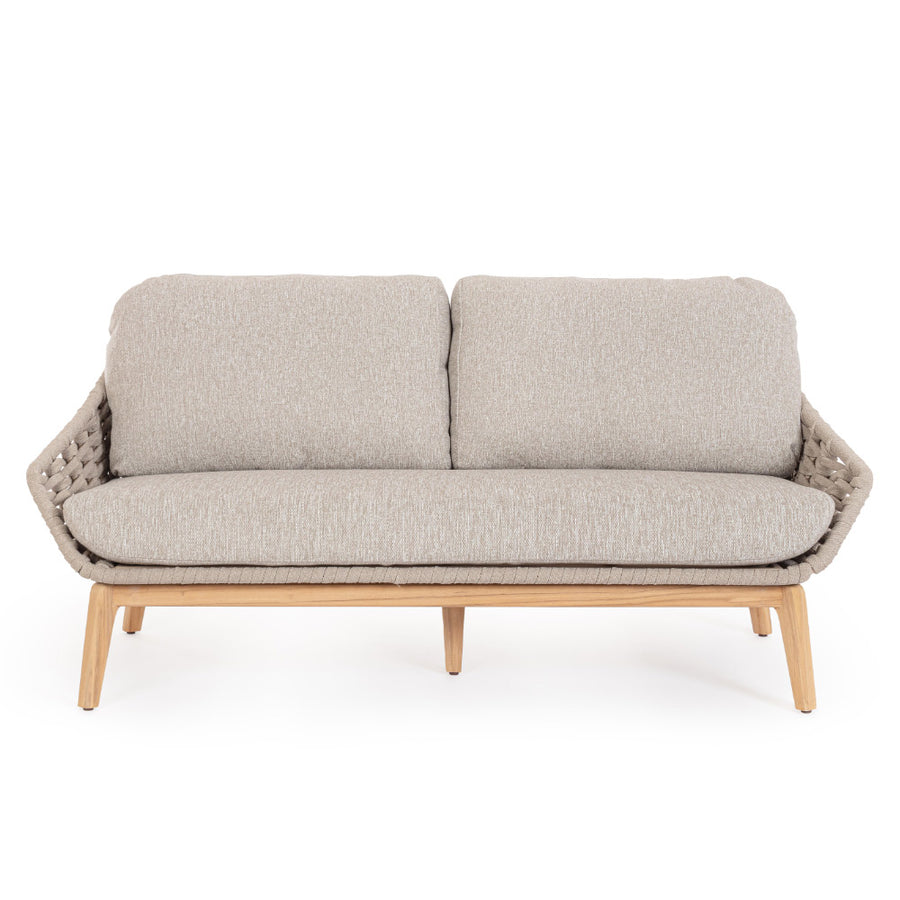 Kétszemélyes, bézs színű, design kerti kanapé natúr színű teakfa lábakkal