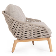 Kétszemélyes, bézs színű, design kerti kanapé natúr színű teakfa lábakkal