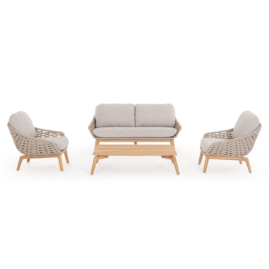 Kétszemélyes, bézs színű, design kerti kanapé natúr színű teakfa lábakkal