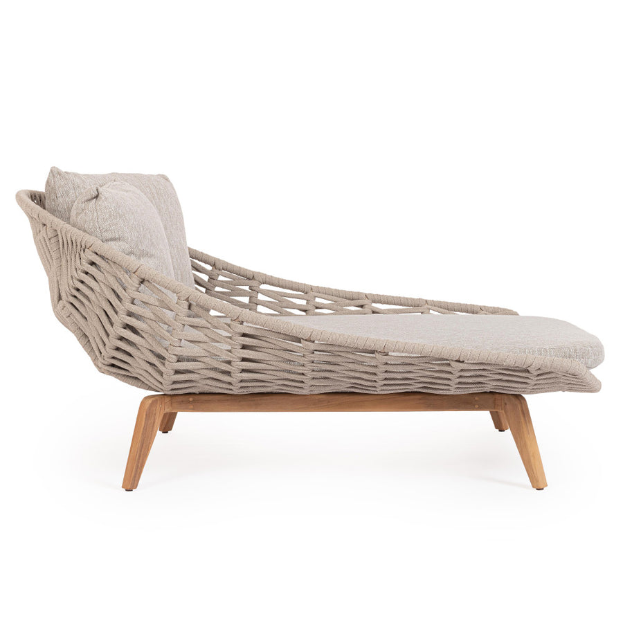 Kétszemélyes, bézs színű, design kerti pihenőágy natúr színű teakfa lábakkal