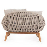 Kétszemélyes, bézs színű, design kerti pihenőágy natúr színű teakfa lábakkal
