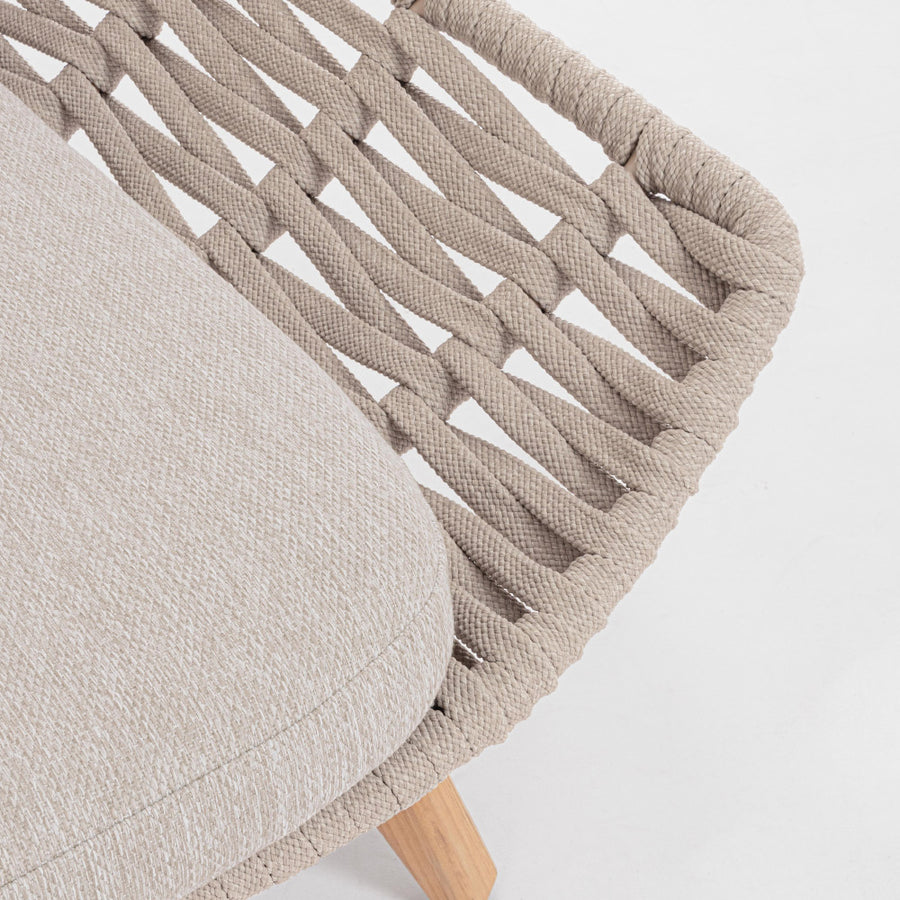 Kétszemélyes, bézs színű, design kerti pihenőágy natúr színű teakfa lábakkal