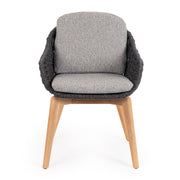 Kortárs stílusú, szürke színű, design kerti szék natúr színű teakfa lábakkal