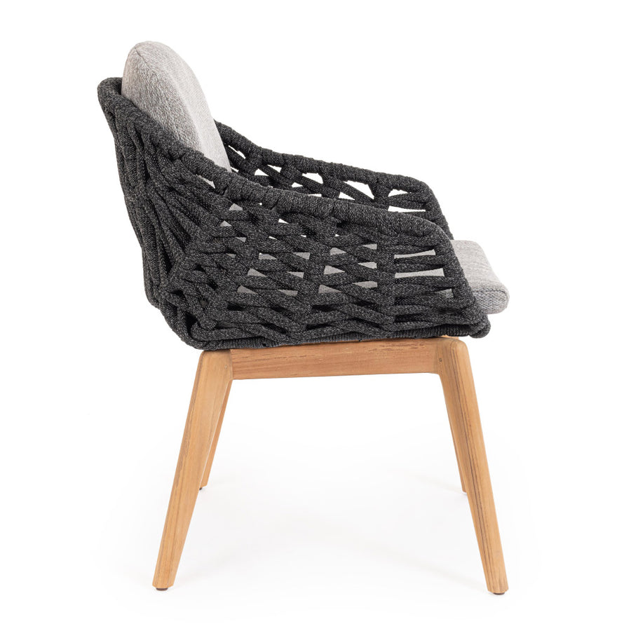 Kortárs stílusú, szürke színű, design kerti szék natúr színű teakfa lábakkal