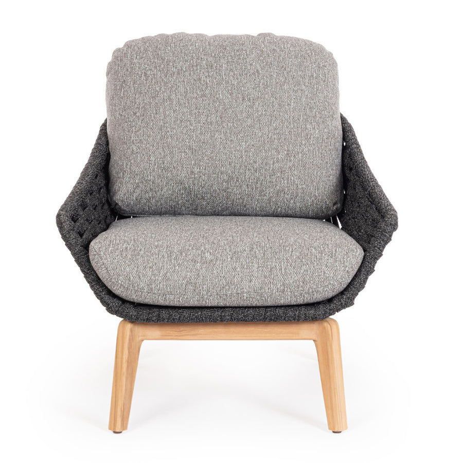 Kortárs stílusú, szürke színű, design kerti fotel natúr színű teakfa lábakkal