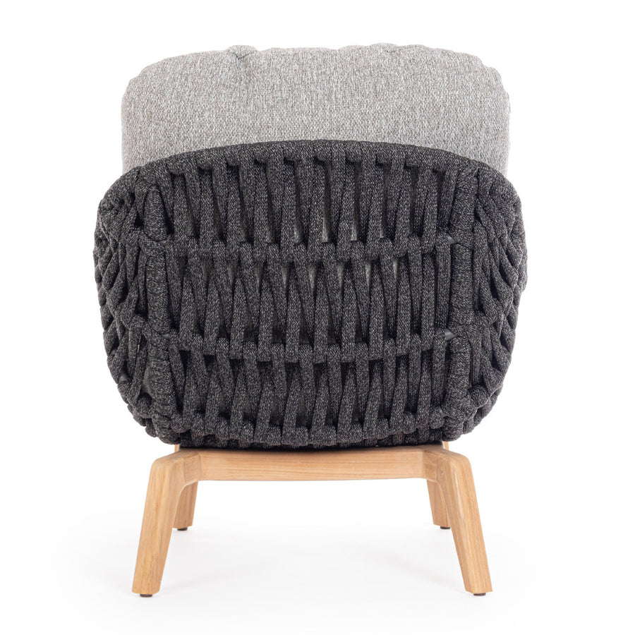 Kortárs stílusú, szürke színű, design kerti fotel natúr színű teakfa lábakkal