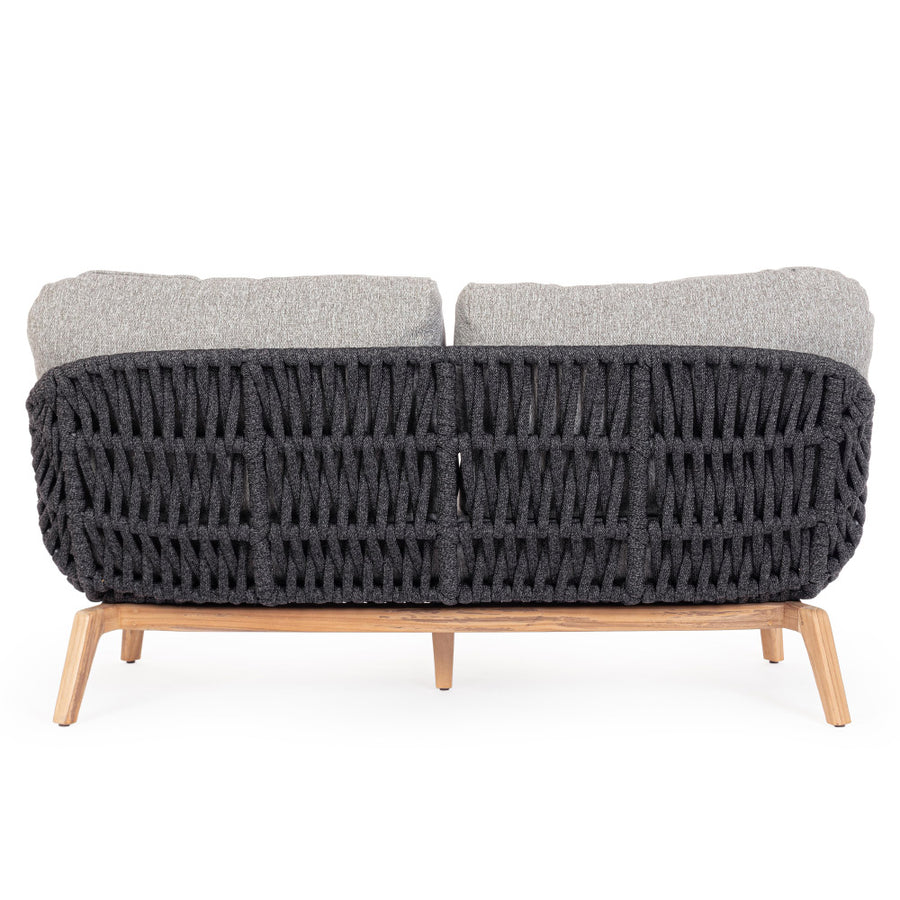 Kétszemélyes, szürke színű, design kerti kanapé szürke natúr színű teakfa lábakkal