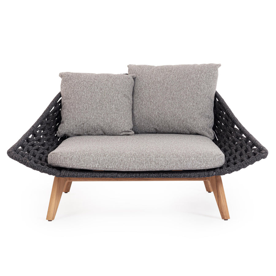 Kétszemélyes, szürke színű, design kerti pihenőágy natúr színű teakfa lábakkal