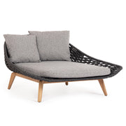 Kétszemélyes, szürke színű, design kerti pihenőágy natúr színű teakfa lábakkal