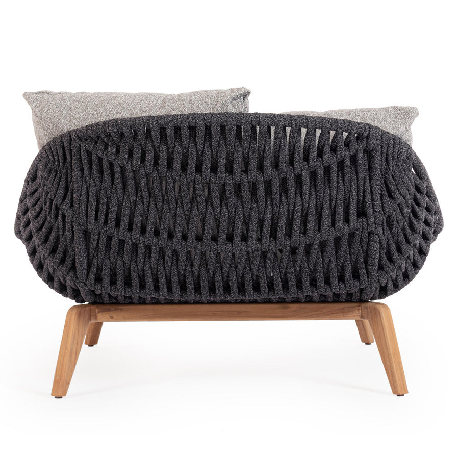 Kétszemélyes, szürke színű, design kerti pihenőágy natúr színű teakfa lábakkal