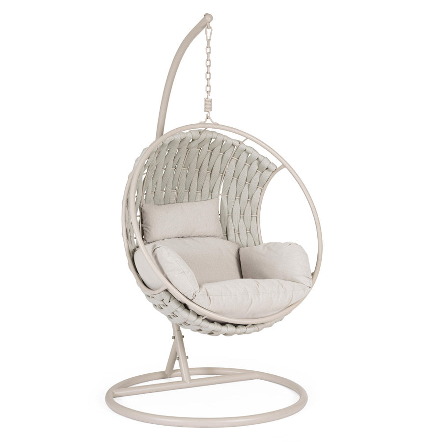 Galapagos gömb formájú függőfotel bézs acélállvánnyal és bézs párnákkal